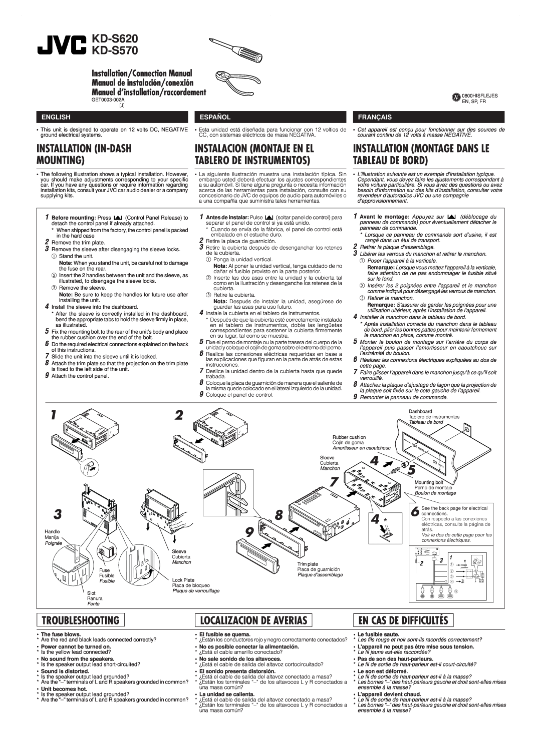 JVC KD-S620 manual Installation In-Dash Mounting, Troubleshooting, Localizacion De Averias, En Cas De Difficultés, English 