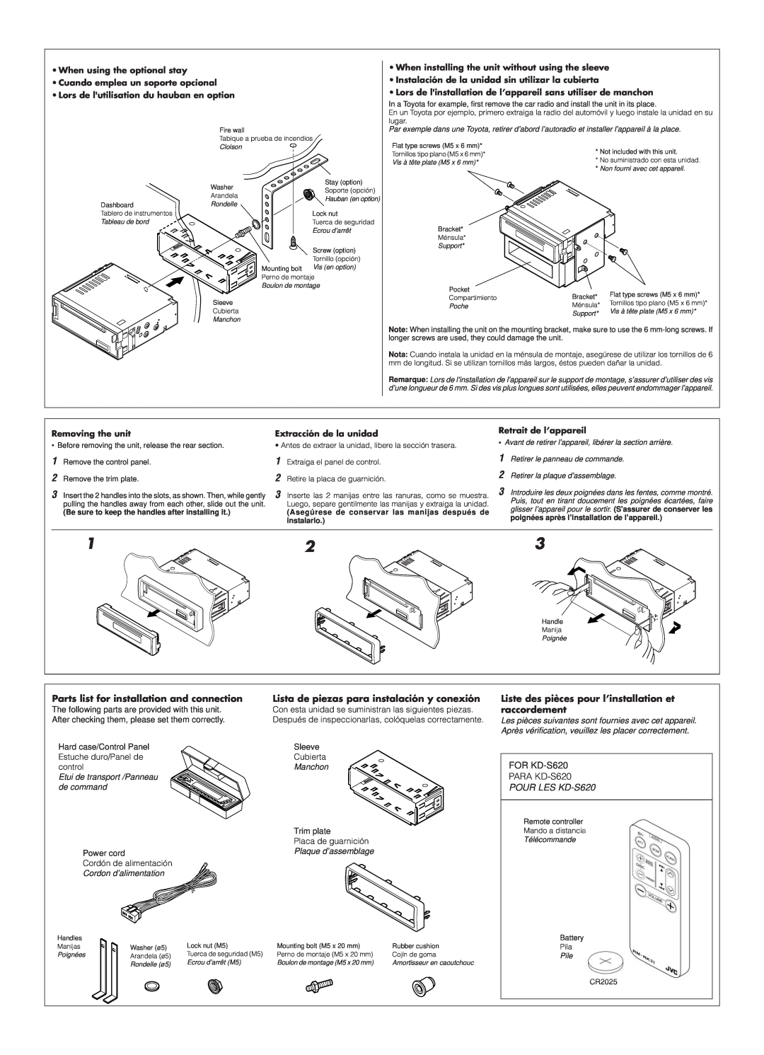 JVC KD-S620 Parts list for installation and connection, Lista de piezas para instalación y conexión, Removing the unit 