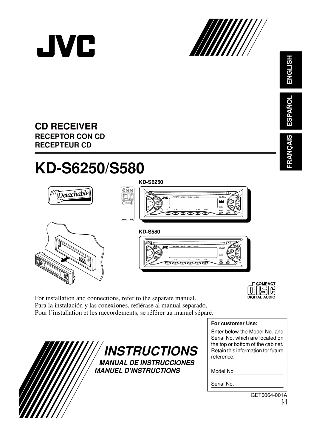 JVC KD-S580 manual KD-S6250, For customer Use 