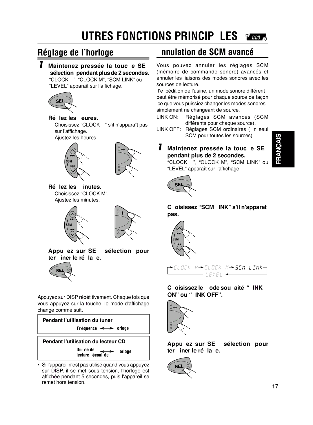 JVC KD-S580, KD-S6250 manual Autres Fonctions Principales, Réglage de l’horloge, Annulation de SCM avancé 