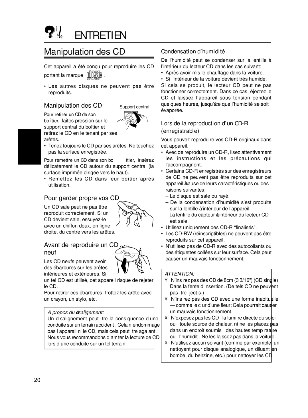 JVC KD-S6250, KD-S580 manual Entretien, Manipulation des CD 