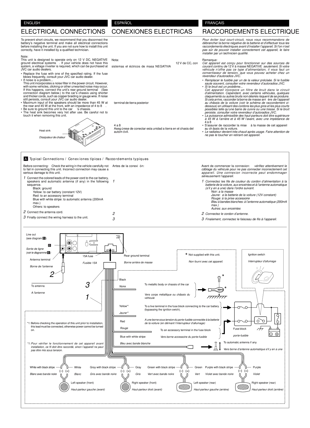 JVC KD-S6250, KD-S580 manual Be sure to ground this unit to the car’s chassis, Nota, Remarque 