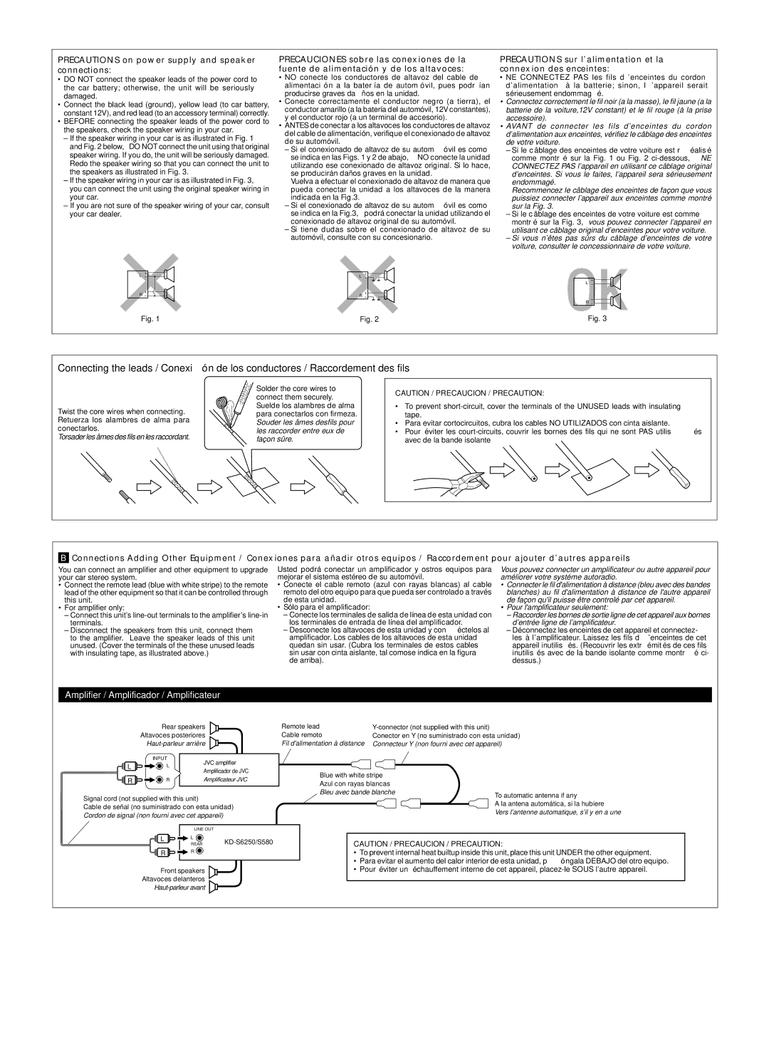 JVC KD-S580 manual Precautions on power supply and speaker connections, KD-S6250/S580 