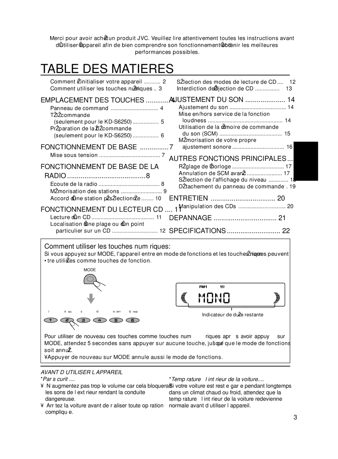 JVC KD-S580, KD-S6250 manual Table DES Matieres, Comment utiliser les touches numériques, Par sécurité 