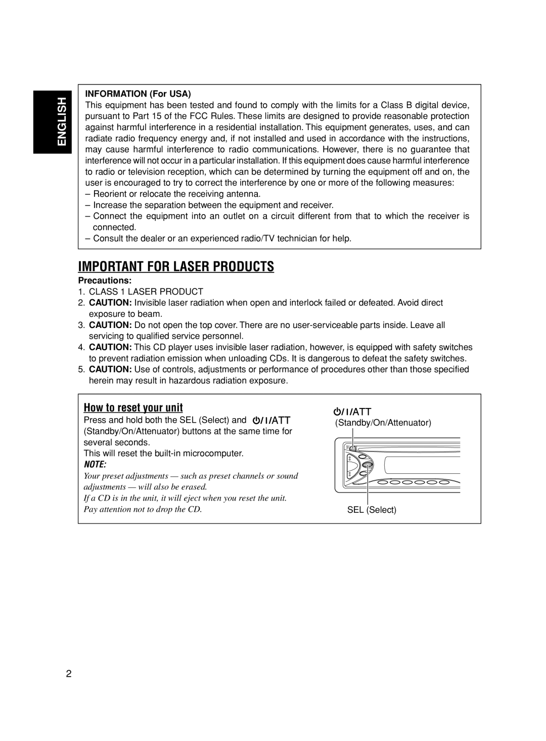 JVC KD-S6350 manual How to reset your unit, Information For USA, Precautions 