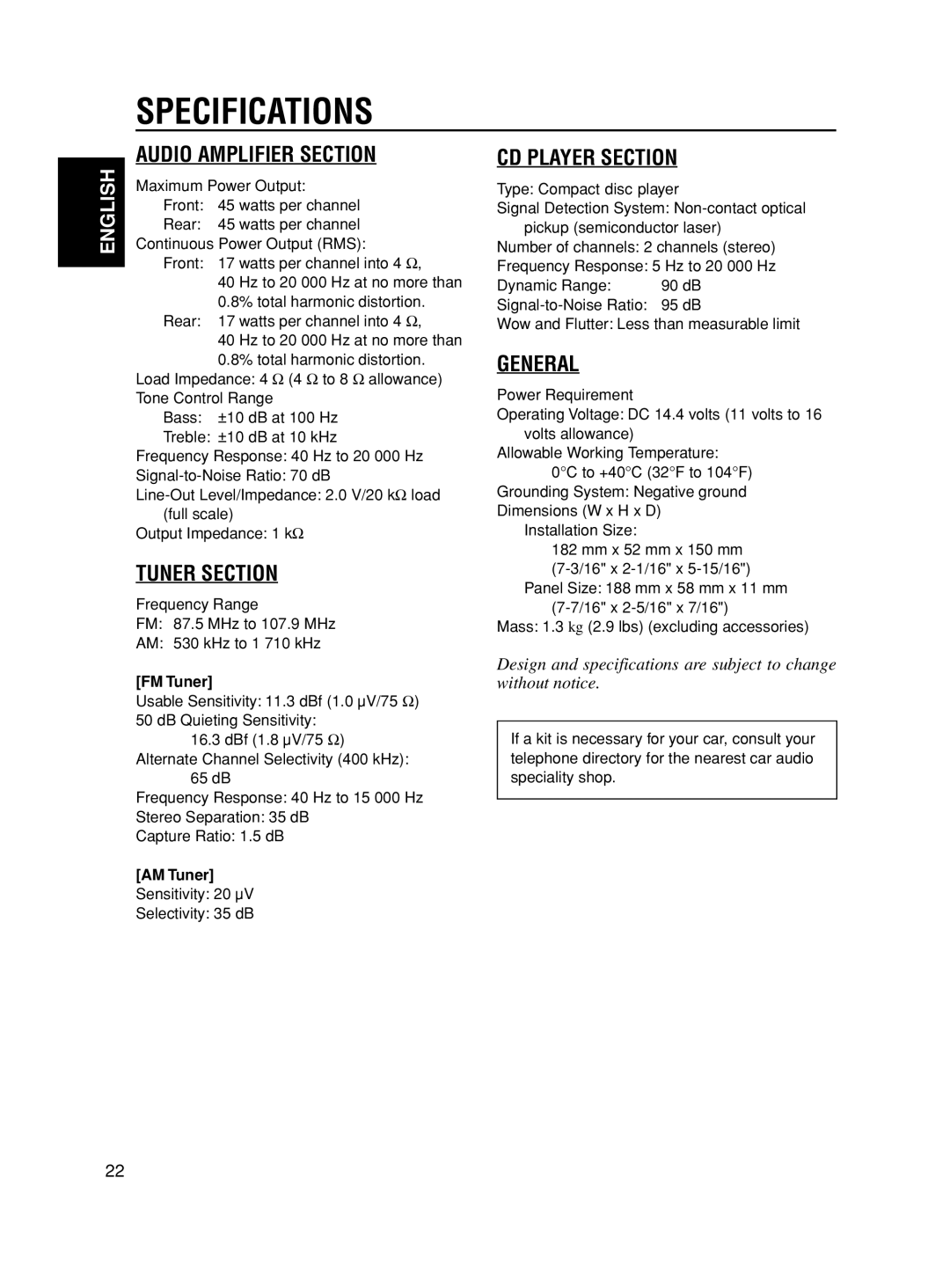 JVC KD-S6350 manual Specifications, FM Tuner, AM Tuner 