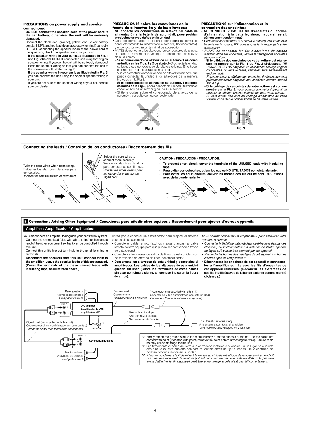 JVC manual Precautions on power supply and speaker connections, KD-S6350/KD-S590 