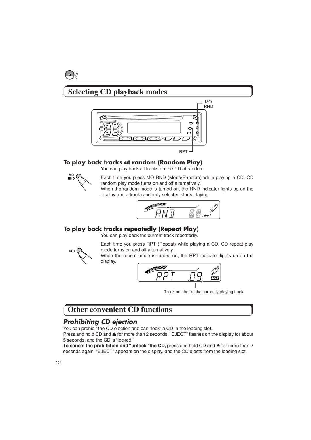 JVC KD-S636 manual Selecting CD playback modes, Other convenient CD functions, Prohibiting CD ejection 