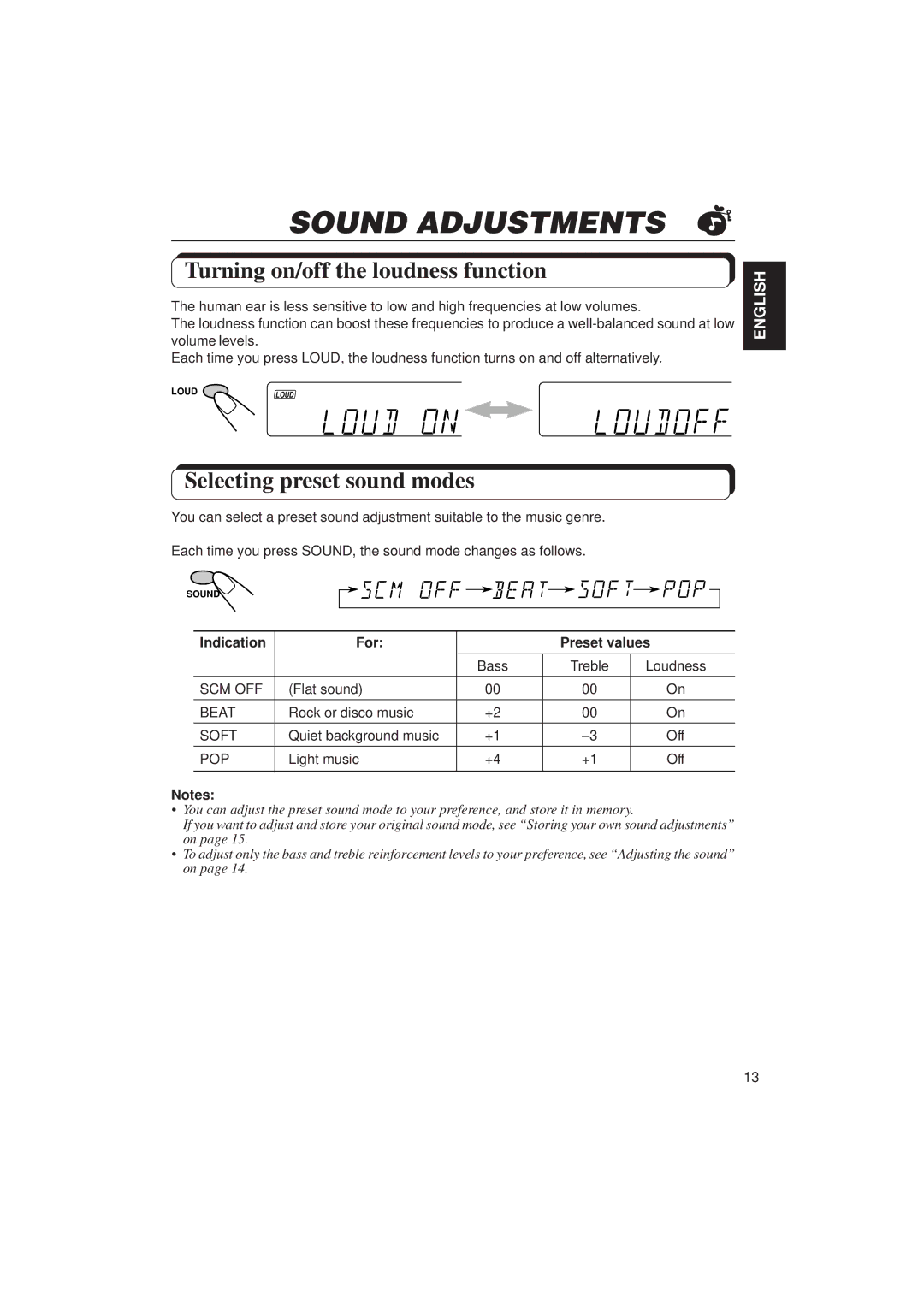 JVC KD-S636 manual Sound Adjustments, Turning on/off the loudness function, Selecting preset sound modes 