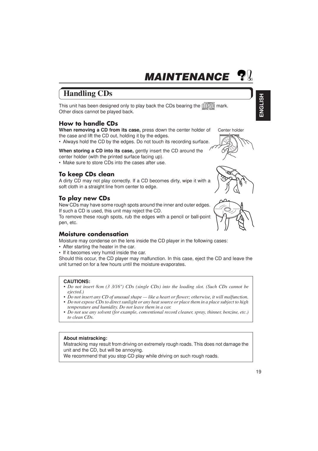 JVC KD-S636 manual Maintenance, Handling CDs 