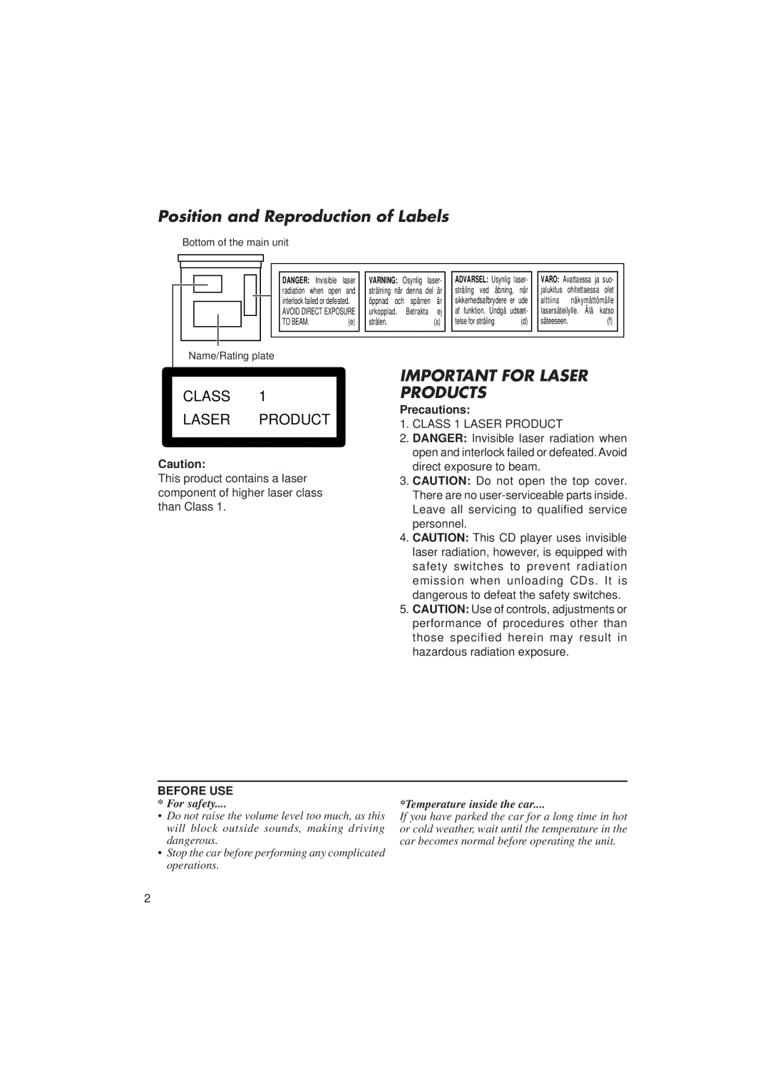 JVC KD-S636 manual Position and Reproduction of Labels, Precautions 