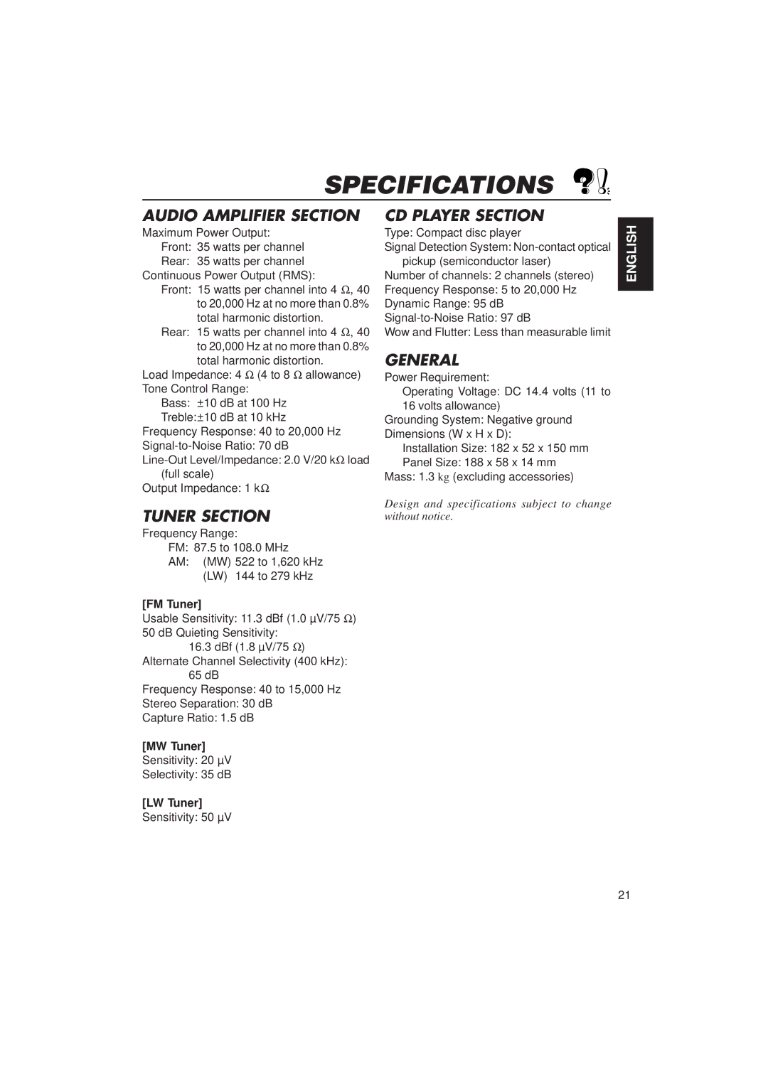 JVC KD-S636 manual Specifications, FM Tuner, MW Tuner, LW Tuner 