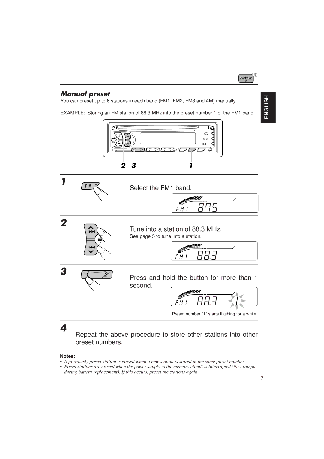 JVC KD-S636 manual Manual preset, Tune into a station of 88.3 MHz, Press and hold the button for more than 1 second 