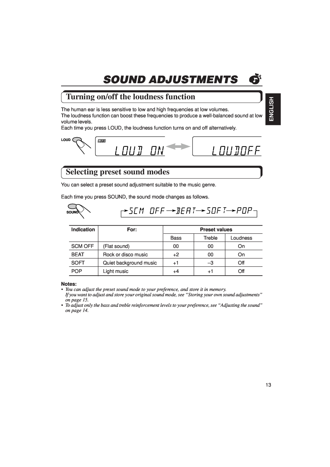 JVC KD-S636 Sound Adjustments, Turning on/off the loudness function, Selecting preset sound modes, English, Indication 
