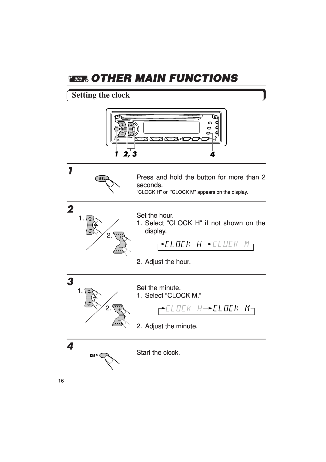 JVC KD-S636 manual Other Main Functions, Setting the clock 