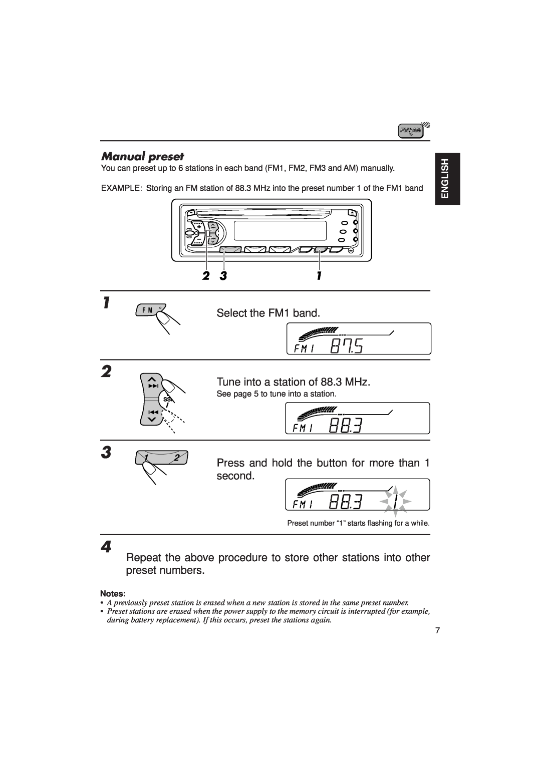 JVC KD-S636 manual Manual preset, Select the FM1 band, English 