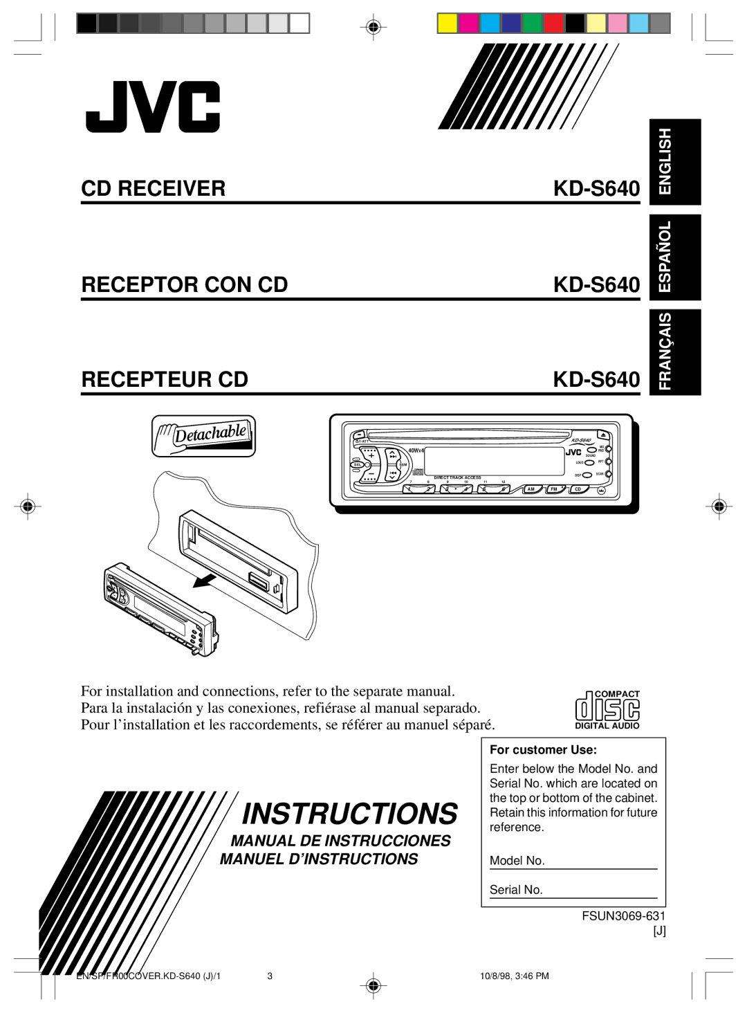 JVC KD-S640 manual Instructions, CD Receiver Receptor CON CD Recepteur CD 