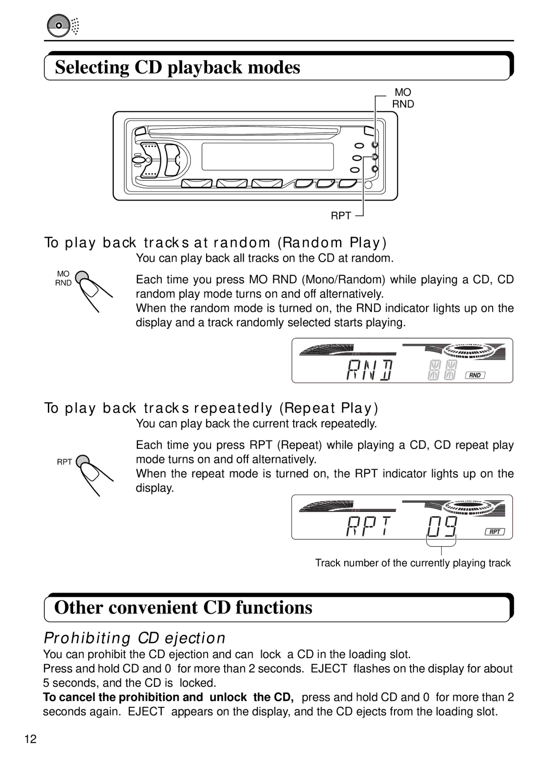 JVC KD-S640 manual Selecting CD playback modes, Other convenient CD functions, Prohibiting CD ejection 