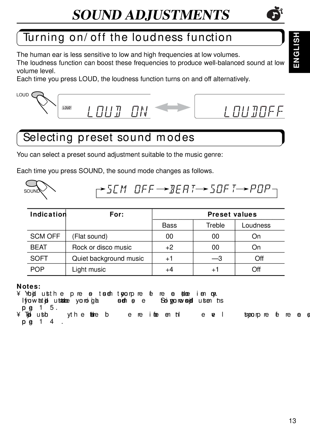 JVC KD-S640 manual Sound Adjustments, Turning on/off the loudness function, Selecting preset sound modes 