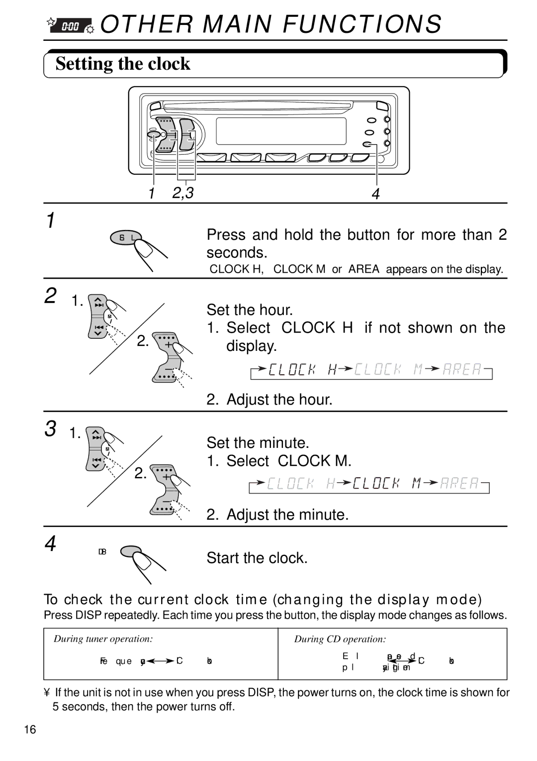 JVC KD-S640 manual Other Main Functions, Setting the clock 