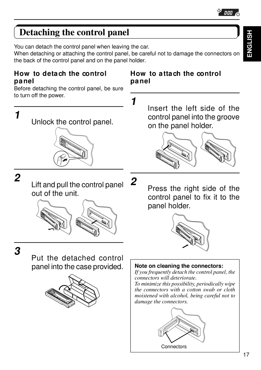 JVC KD-S640 manual Detaching the control panel, Unlock the control panel, How to detach the control panel 