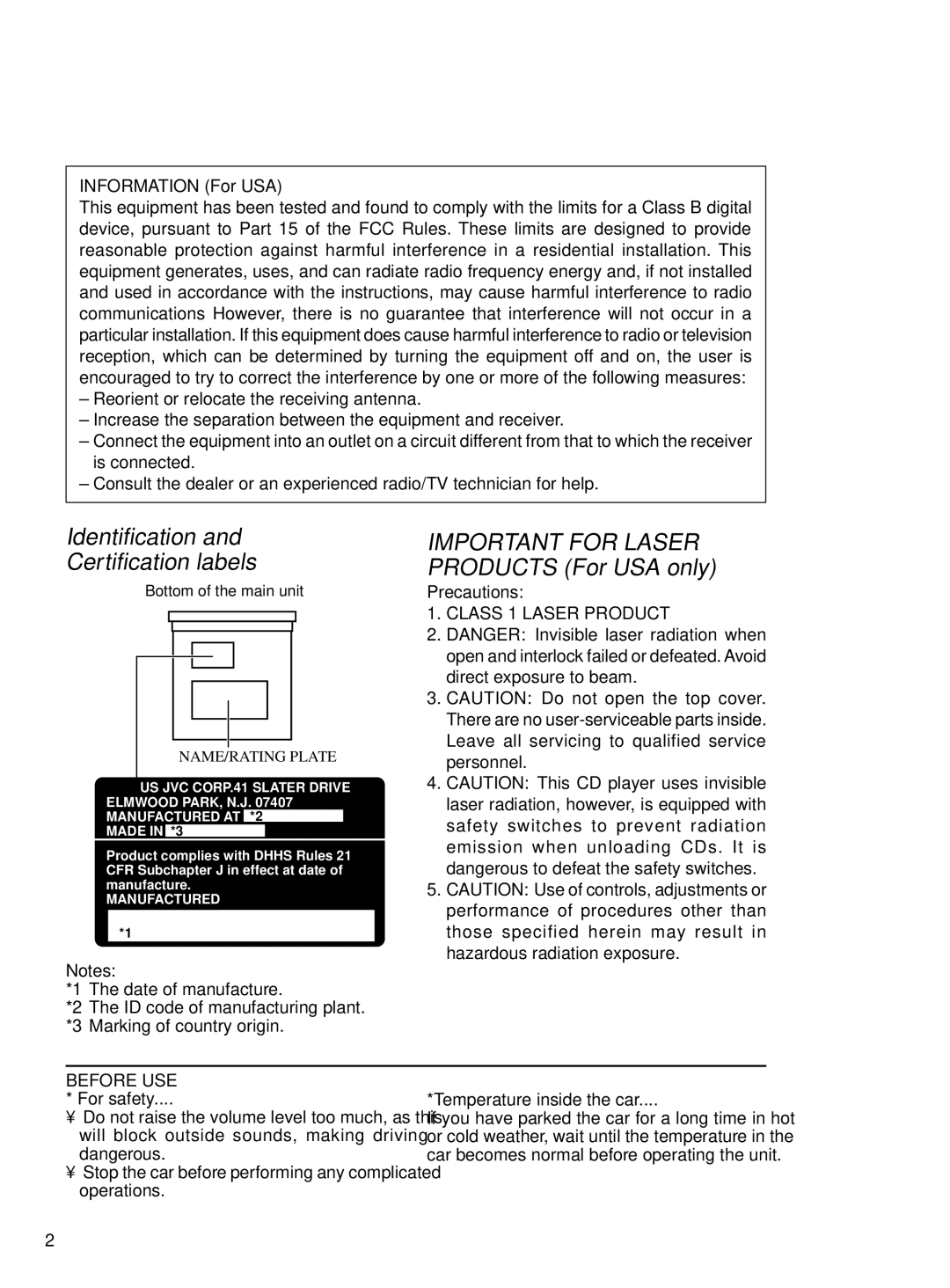 JVC KD-S640 manual Identification and Certification labels, Important for Laser Products For USA only, Information For USA 