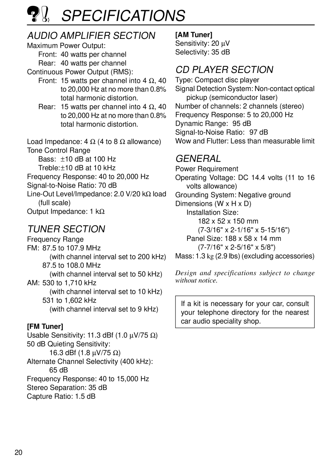 JVC KD-S640 manual Specifications, FM Tuner, AM Tuner 