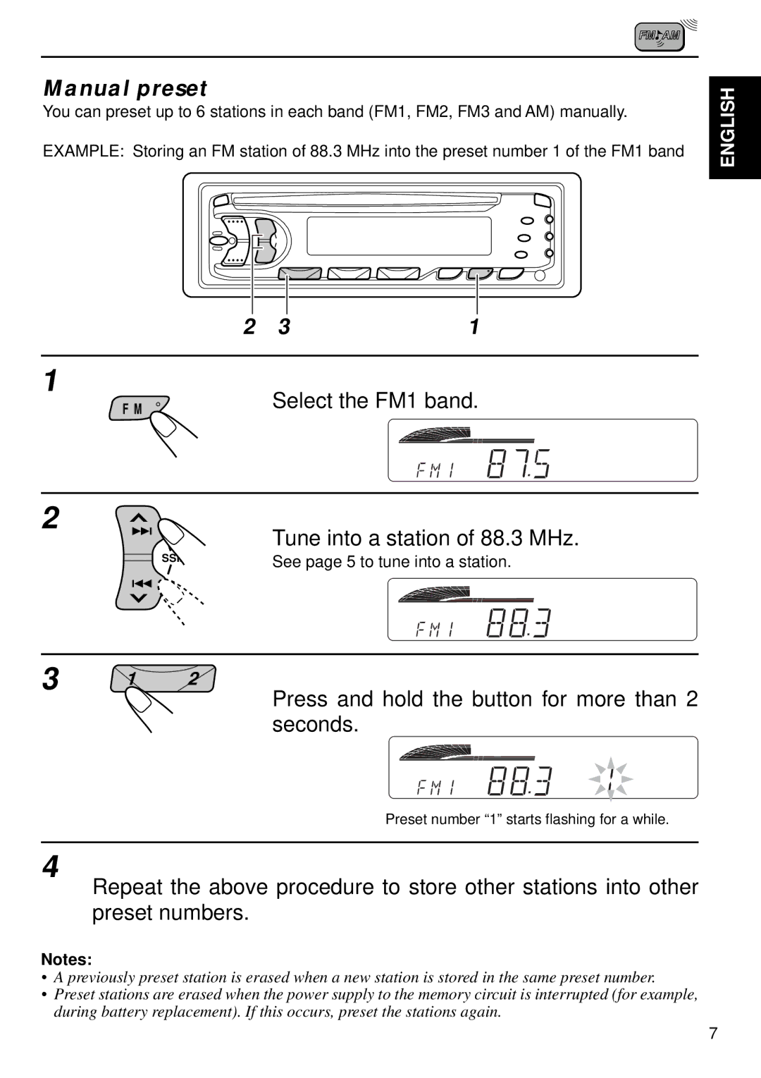 JVC KD-S640 manual Manual preset, Tune into a station of 88.3 MHz, Press and hold the button for more than 2 seconds 