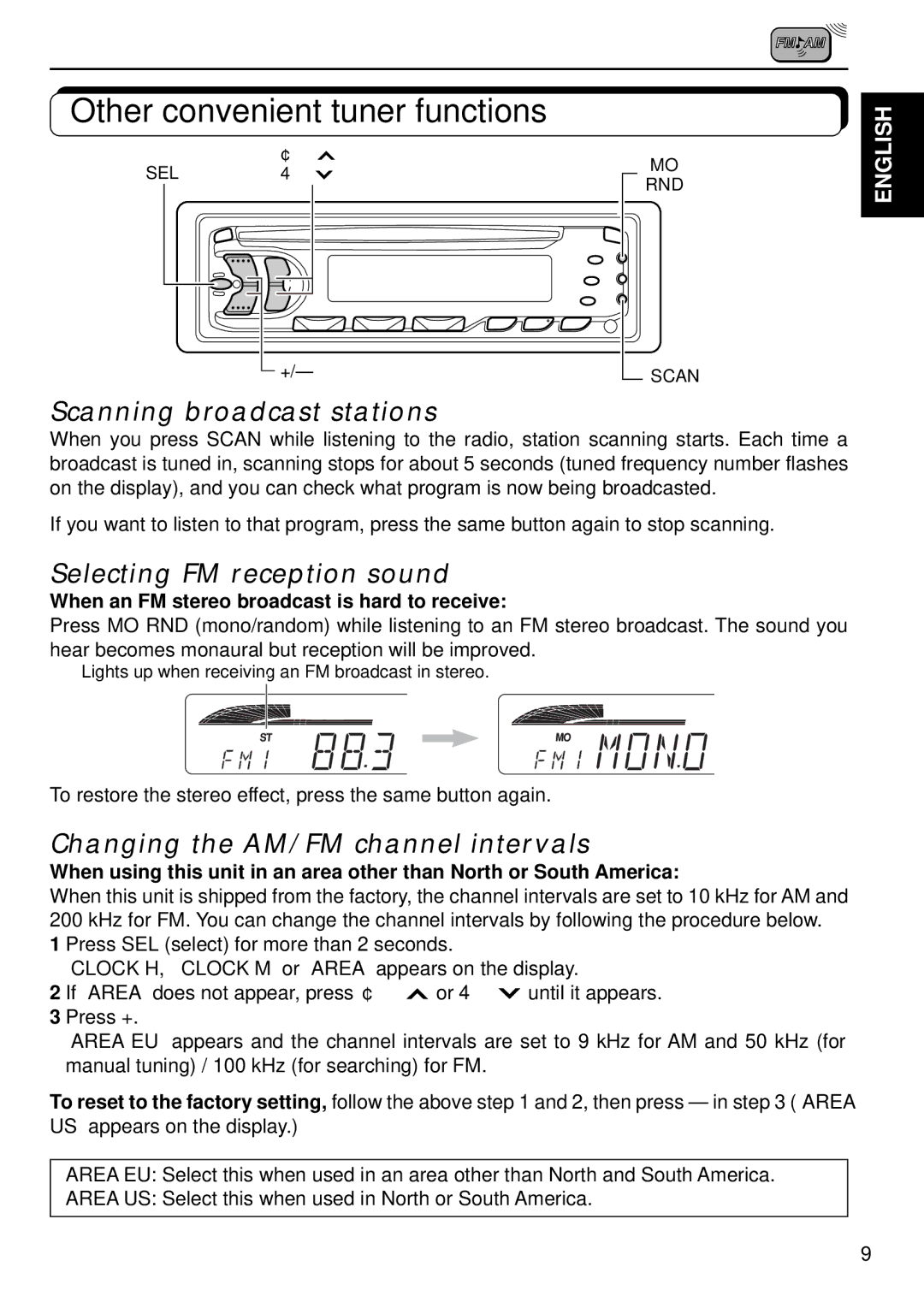 JVC KD-S640 manual Other convenient tuner functions, Scanning broadcast stations, Selecting FM reception sound 