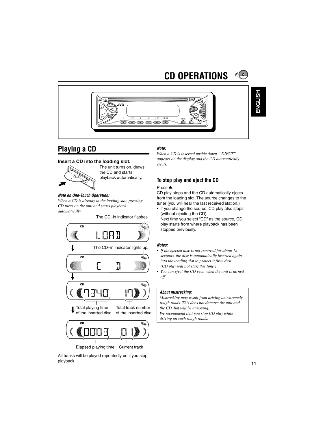 JVC KD-S641 manual CD Operations, Playing a CD, To stop play and eject the CD, Insert a CD into the loading slot 