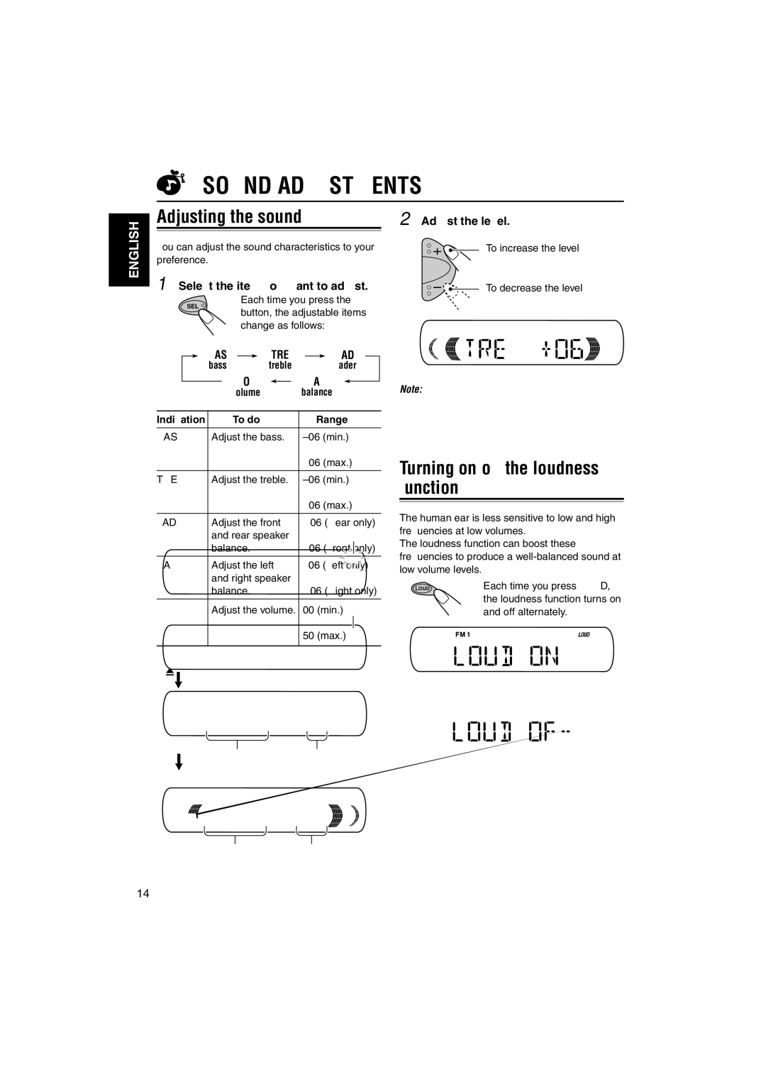 JVC KD-S641 manual Sound Adjustments, Turning on/off the loudness function, Bas, Bal 