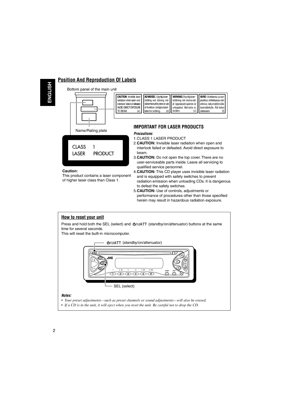 JVC KD-S641 Position And Reproduction Of Labels, How to reset your unit, Bottom panel of the main unit, Name/Rating plate 