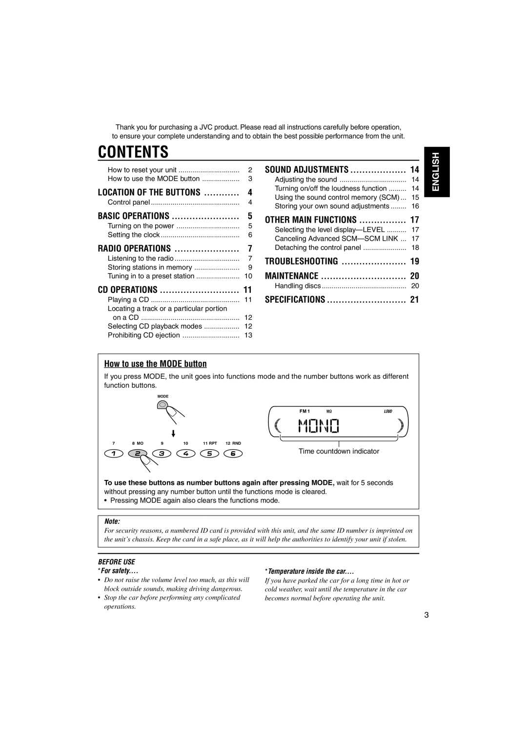 JVC KD-S641 manual Contents 