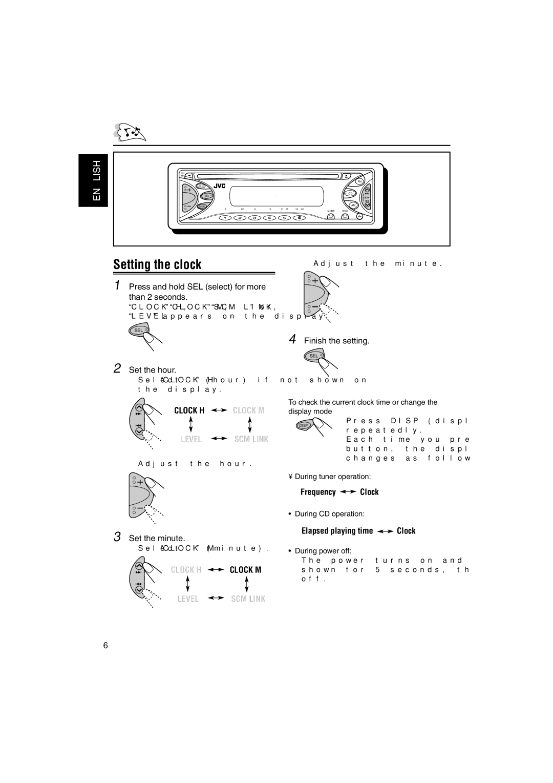 JVC KD-S641 manual Setting the clock, Clock H Clock M 