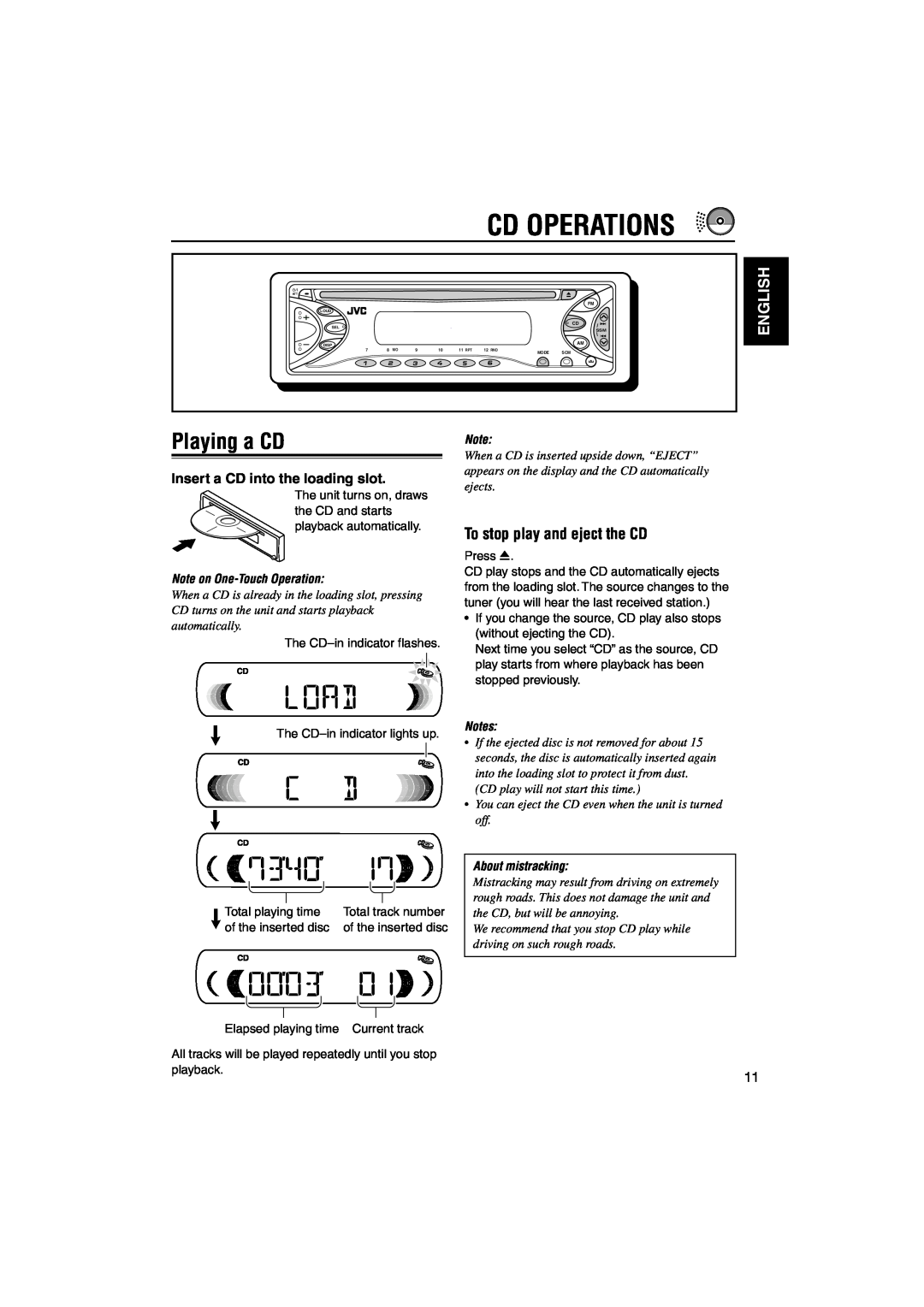 JVC KD-S641 manual Cd Operations, Playing a CD, To stop play and eject the CD, English, Insert a CD into the loading slot 