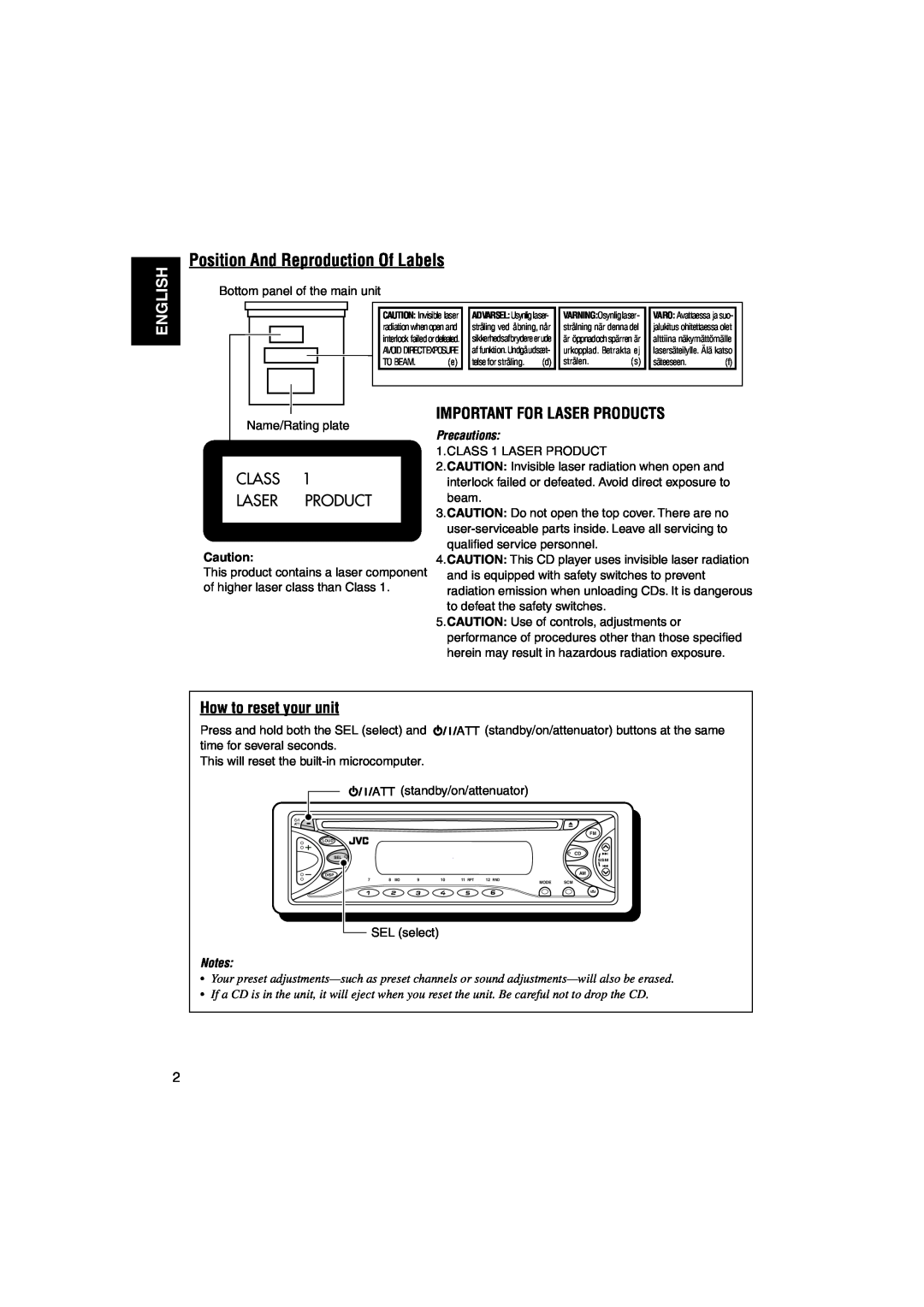 JVC KD-S641 manual Position And Reproduction Of Labels, English, Important For Laser Products, How to reset your unit 
