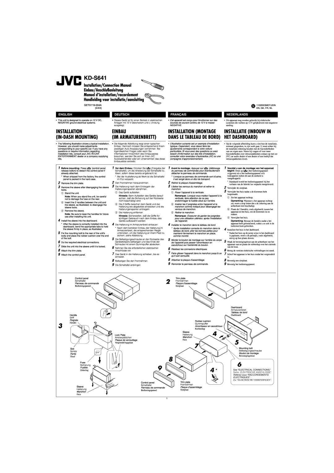 JVC KD-S641 manual Installation, Einbau, In-Dashmounting, Het Dashboard, Im Armaturenbrett, Installatie Inbouw In, English 