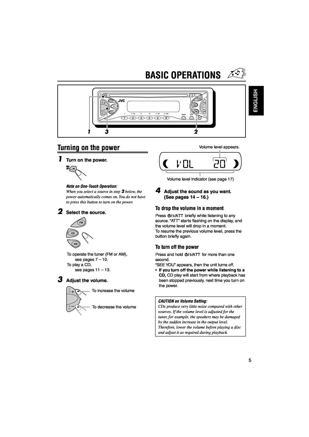 JVC KD-S641 Basic Operations, To drop the volume in a moment, To turn off the power, Turning on the power, English, 8 MO 