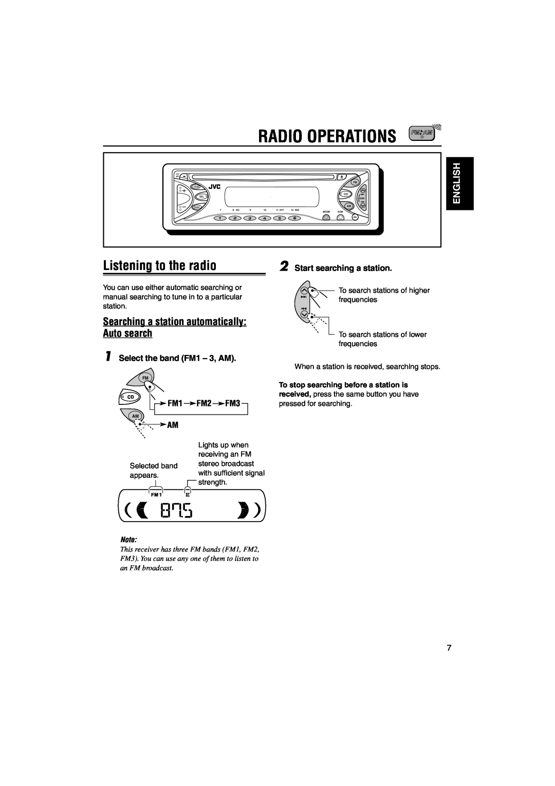 JVC KD-S641 Radio Operations, Listening to the radio, Searching a station automatically Auto search, English, FM1 FM2 FM3 
