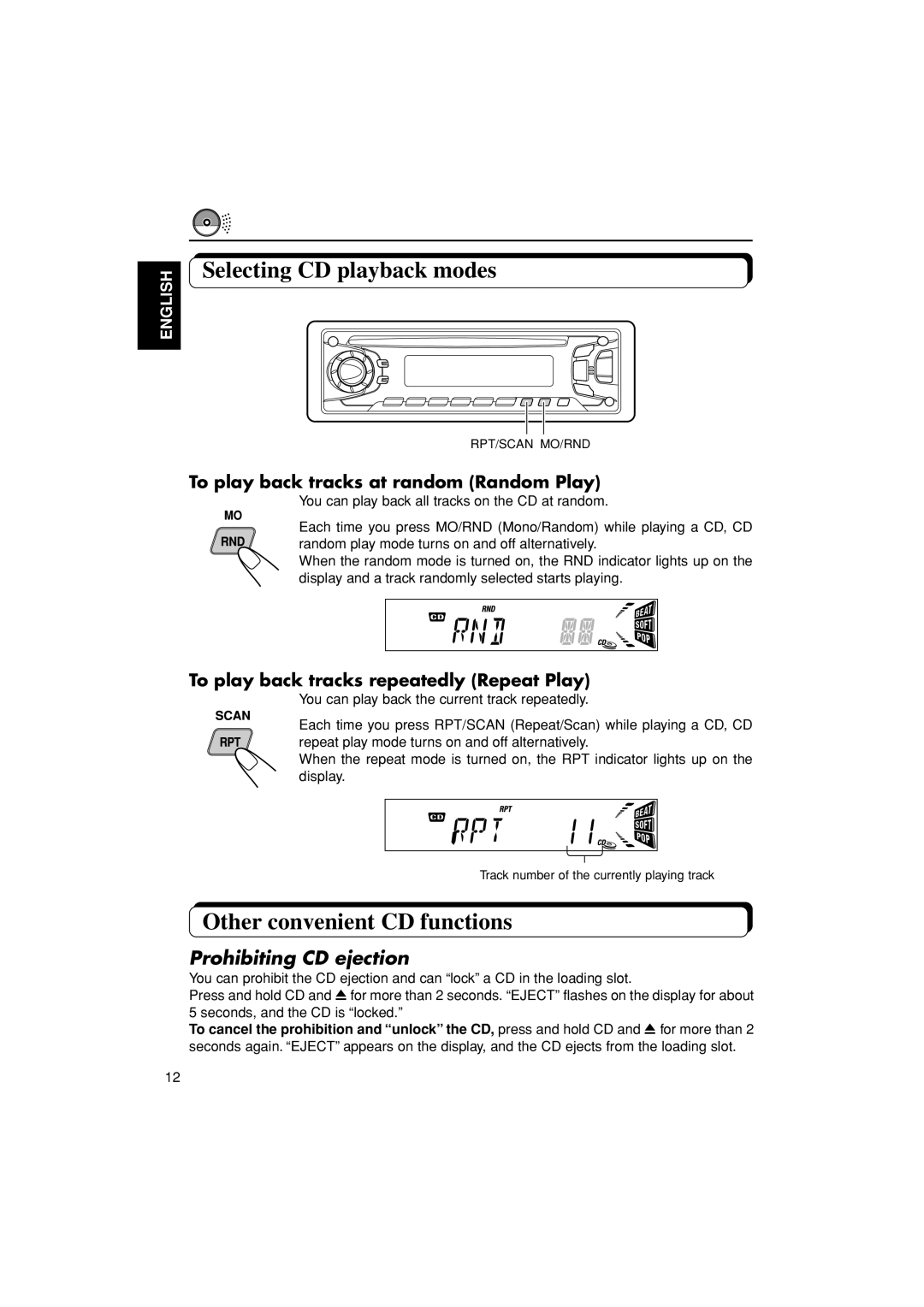 JVC KD-S670 manual Selecting CD playback modes, Other convenient CD functions, Prohibiting CD ejection 