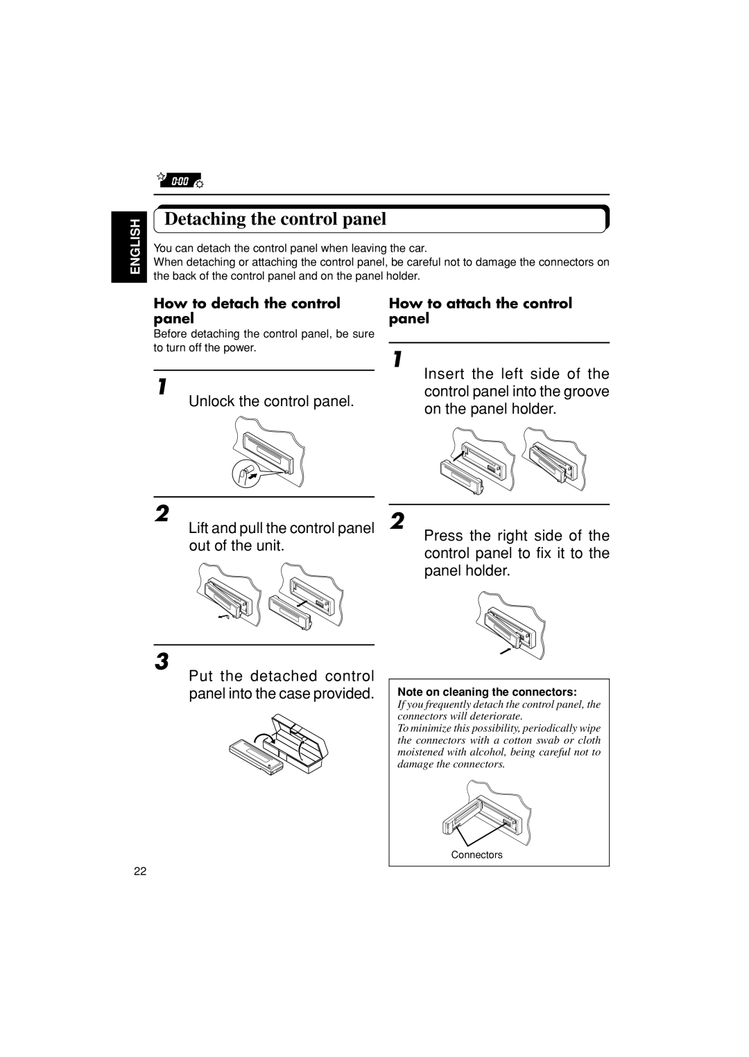 JVC KD-S670 manual Detaching the control panel, Unlock the control panel, How to detach the control panel 