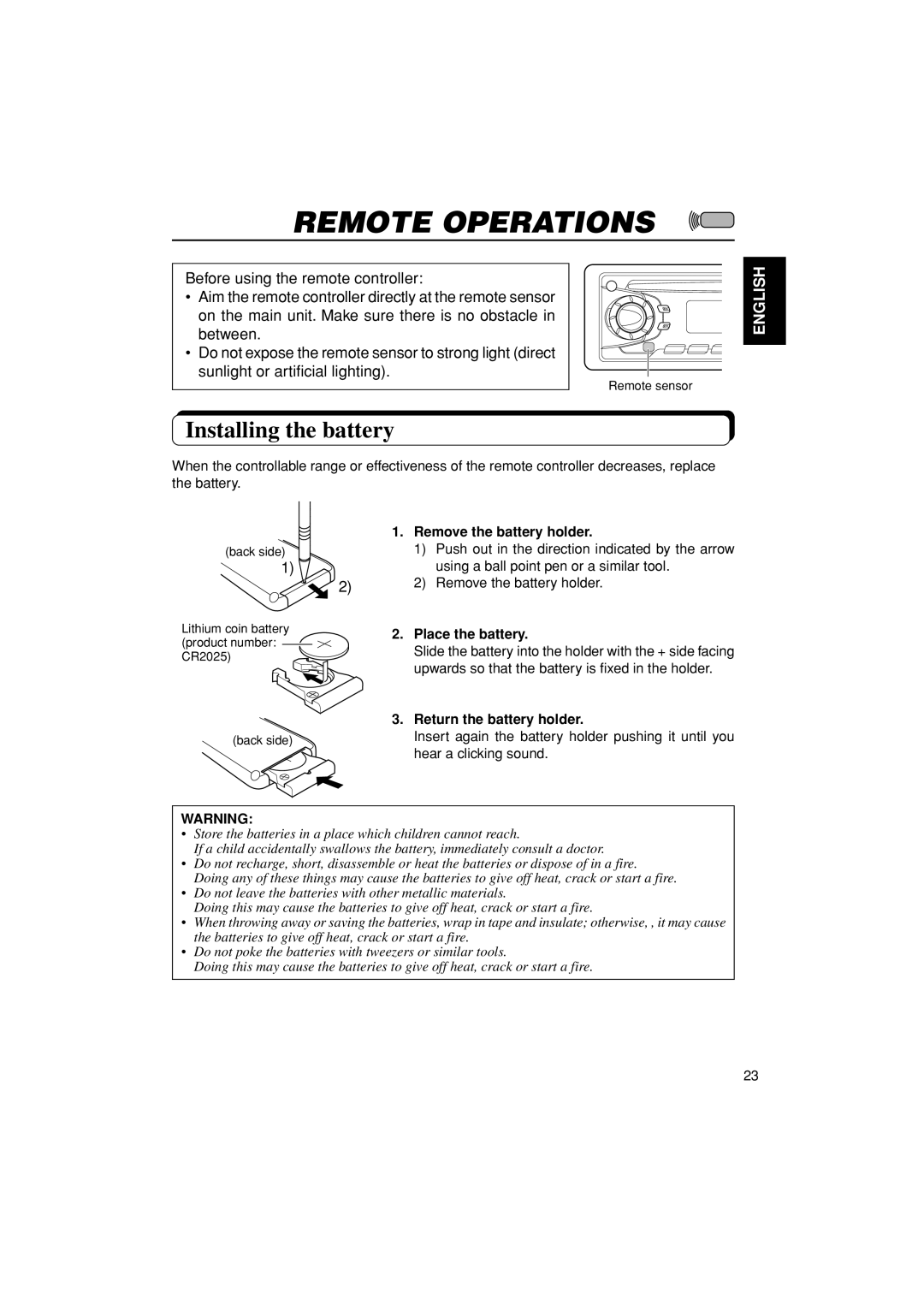 JVC KD-S670 manual Remote Operations, Installing the battery, Remove the battery holder, Place the battery 