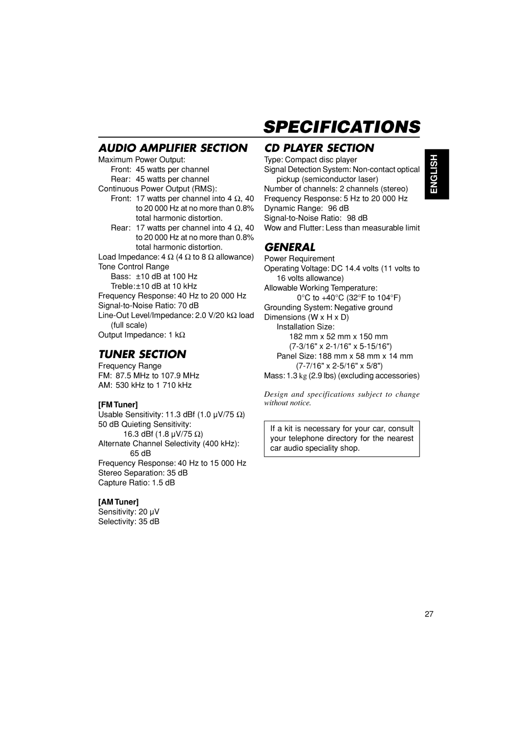 JVC KD-S670 manual Specifications, FM Tuner, AM Tuner 