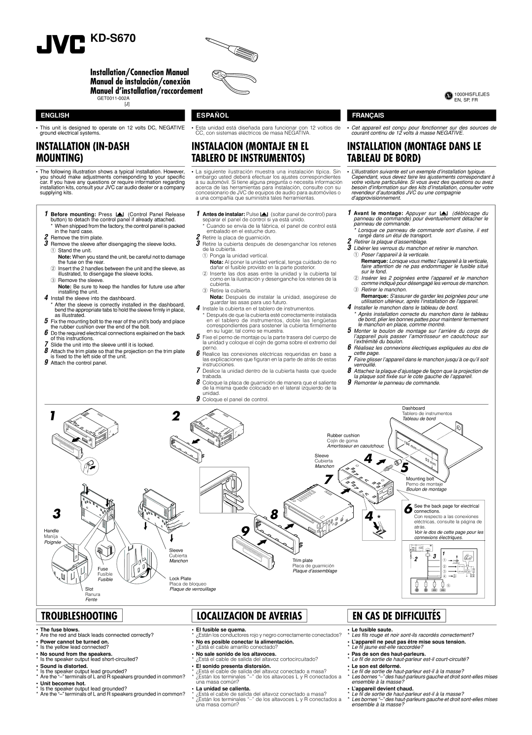 JVC KD-S670 Before mounting Press, Avant le montage Appuyer sur, Fuse blows, No sound from the speakers, Unit becomes hot 