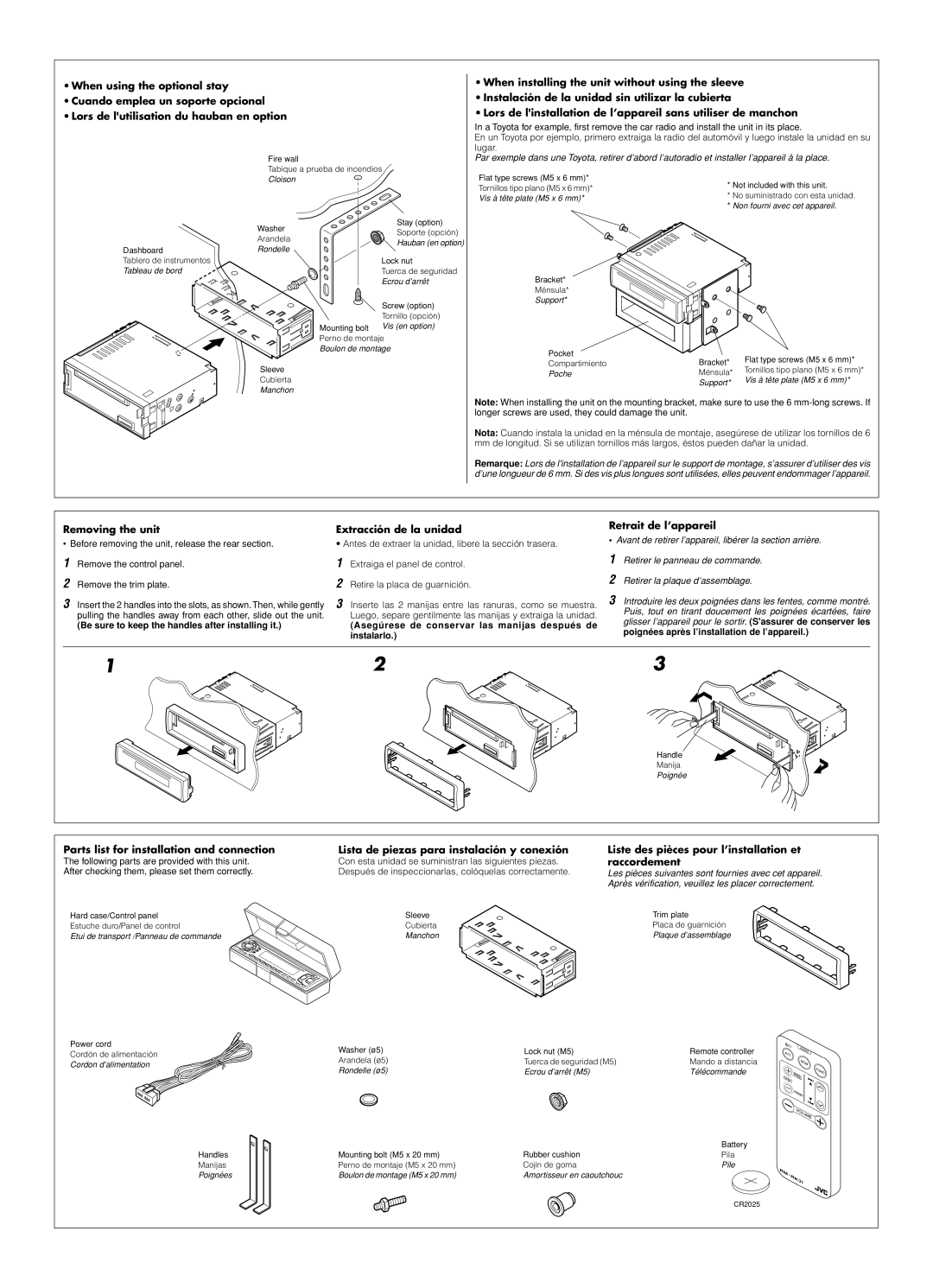 JVC KD-S670 Be sure to keep the handles after installing it, Asegúrese de conservar las manijas después de instalarlo 