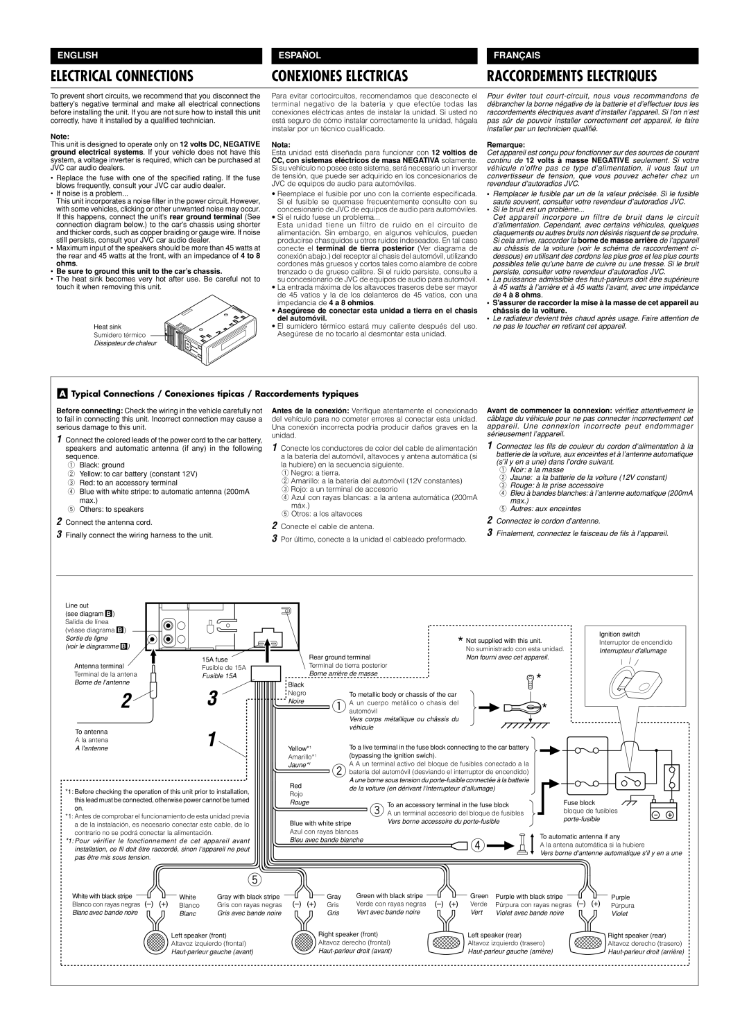 JVC KD-S670 manual Be sure to ground this unit to the car’s chassis, Nota 