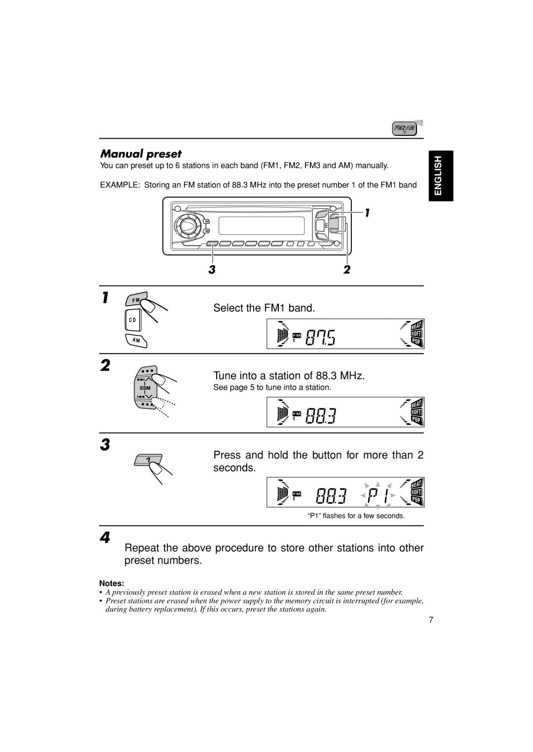 JVC KD-S670 manual Manual preset, Tune into a station of 88.3 MHz, Press and hold the button for more than 2 seconds 