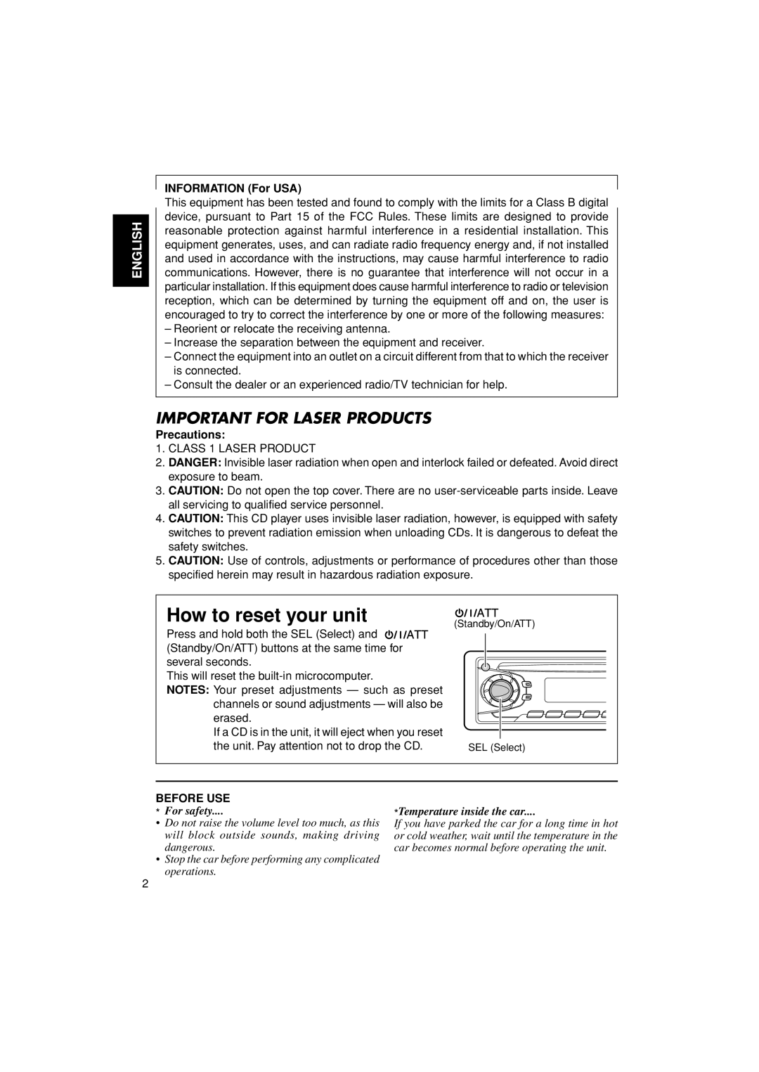 JVC KD-S670 manual How to reset your unit, Important For Laser Products, English, For safety, Temperature inside the car 