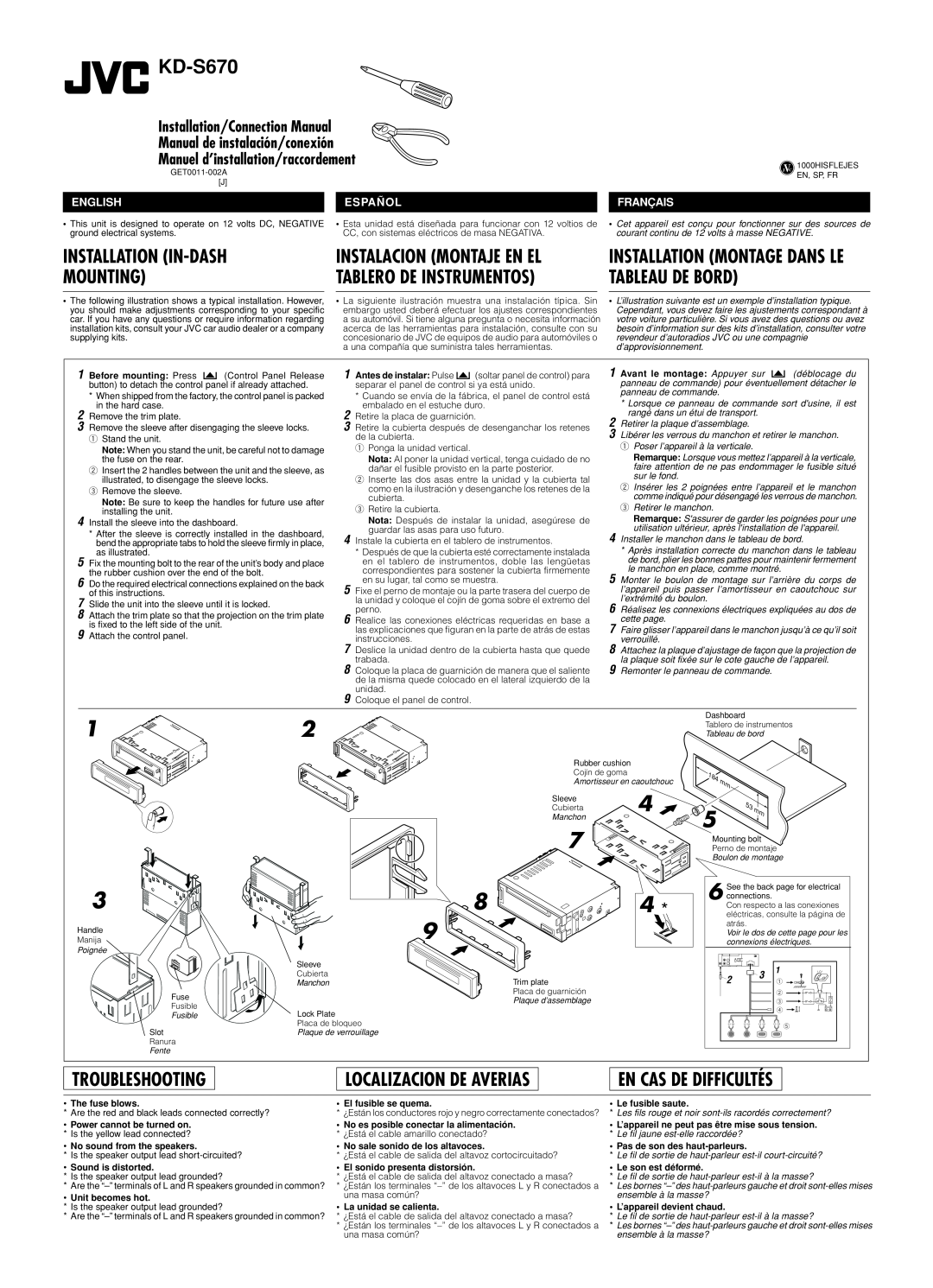 JVC KD-S670 manual Installation In-Dash Mounting, Tableau De Bord, Troubleshooting, Localizacion De Averias 