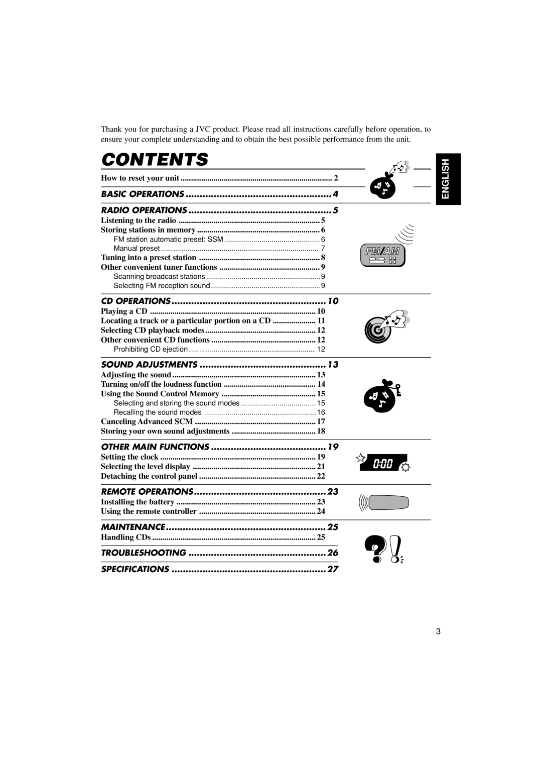 JVC KD-S670 manual Contents, English, Playing a CD, Locating a track or a particular portion on a CD 